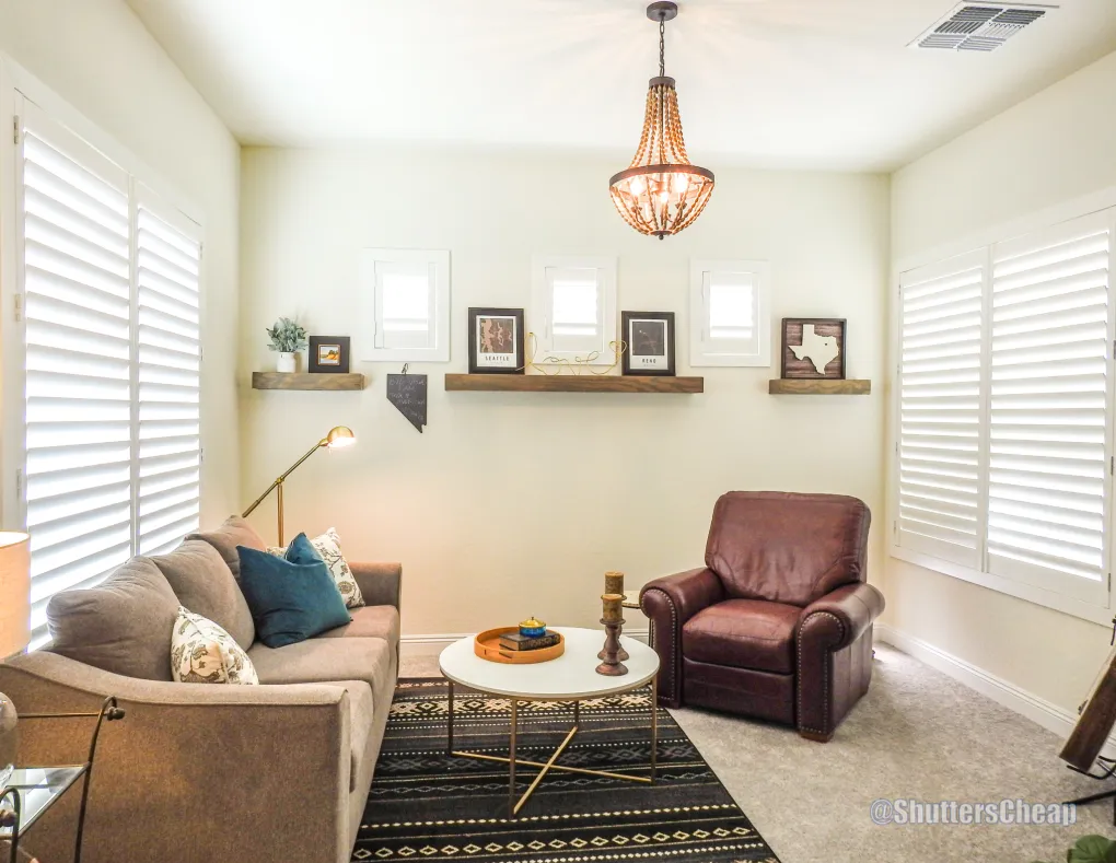 Modern living room with white plantation shutters